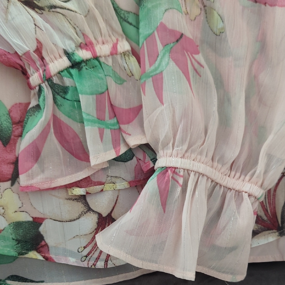 White House Black Market Sheer Floral Blouse - Pink and Green - Picture 3 of 8